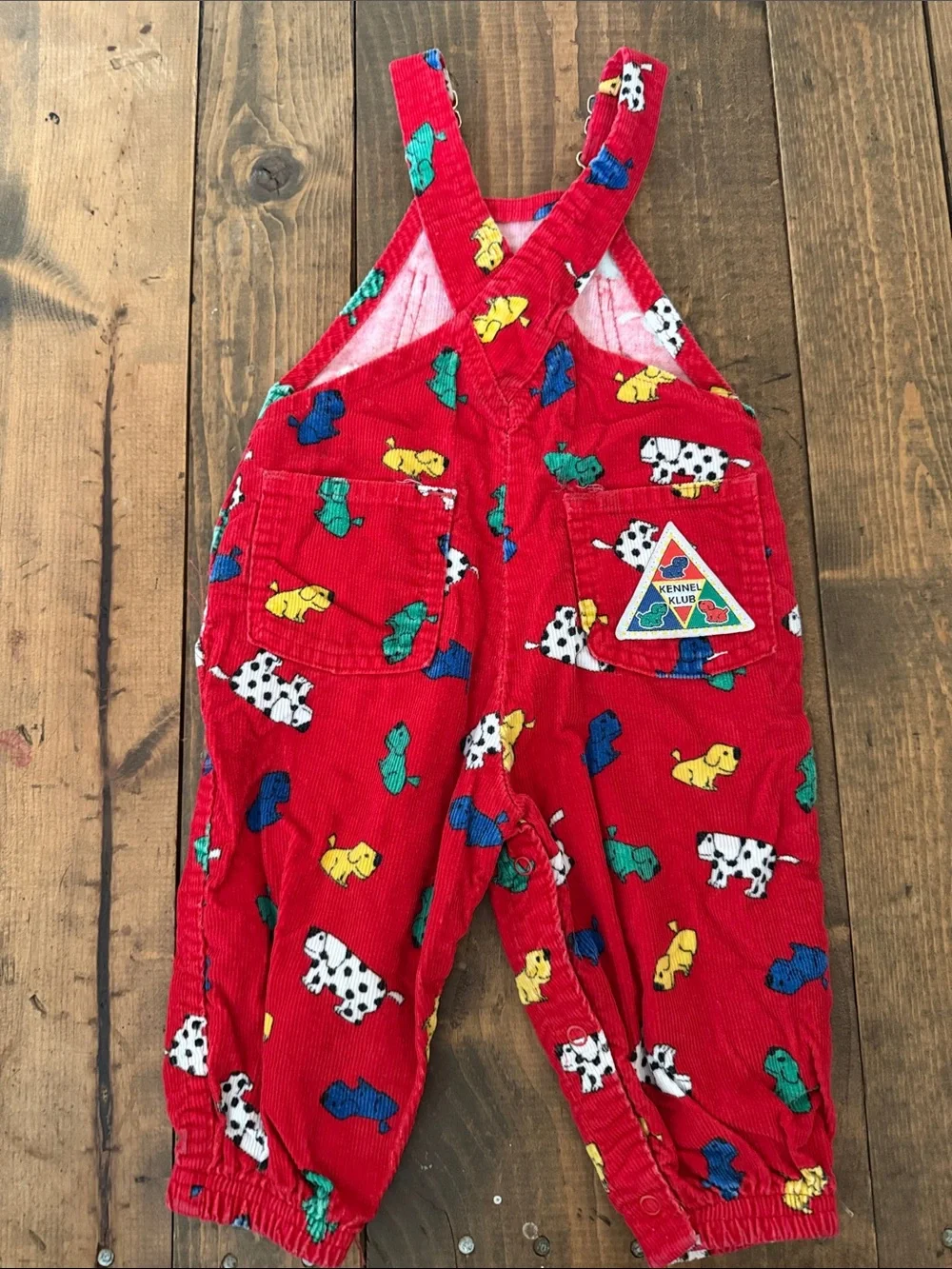 Vintage Red Corduroy Kids Overalls with Colorful Puppy Print